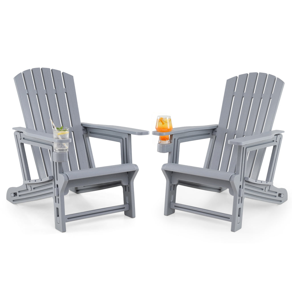 Set of 2 HDPE Adirondack Chair with Cup Holder and Wood-Like Texture