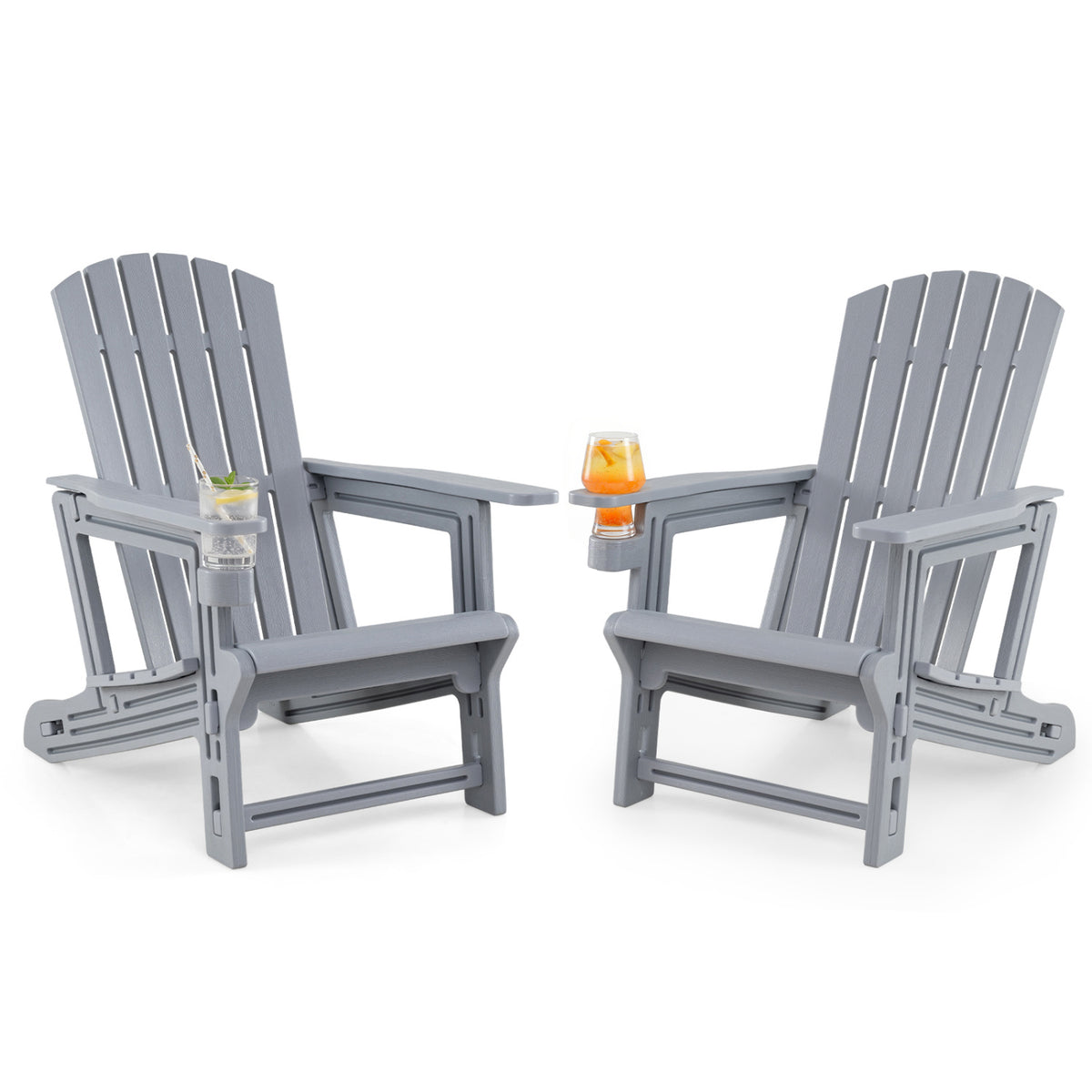 Set of 2 HDPE Adirondack Chair with Cup Holder and Wood-Like Texture