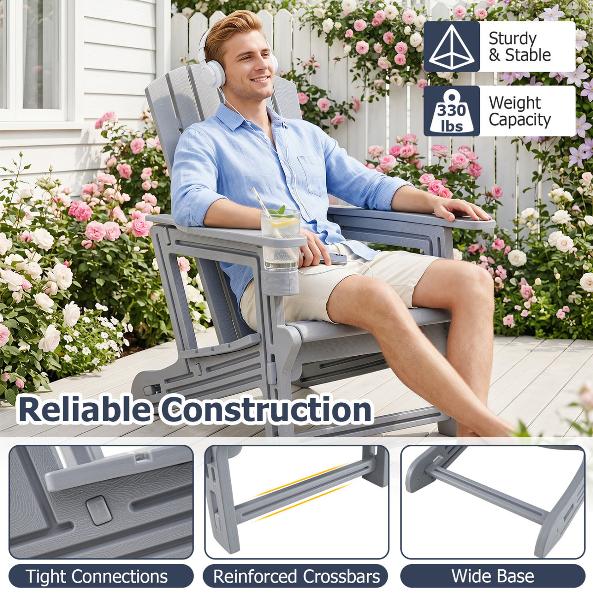 Set of 2 HDPE Adirondack Chair with Cup Holder and Wood-Like Texture