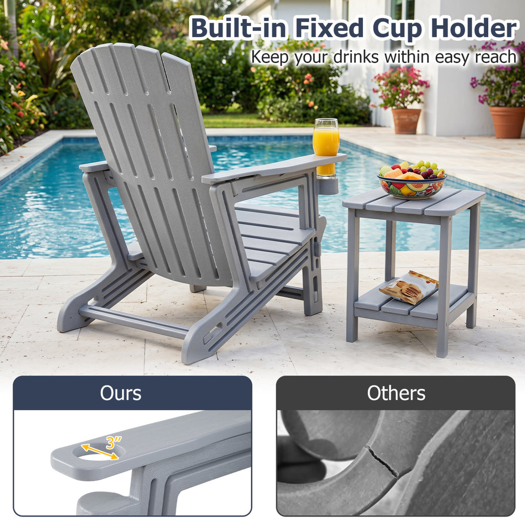 Set of 2 HDPE Adirondack Chair with Cup Holder and Wood-Like Texture
