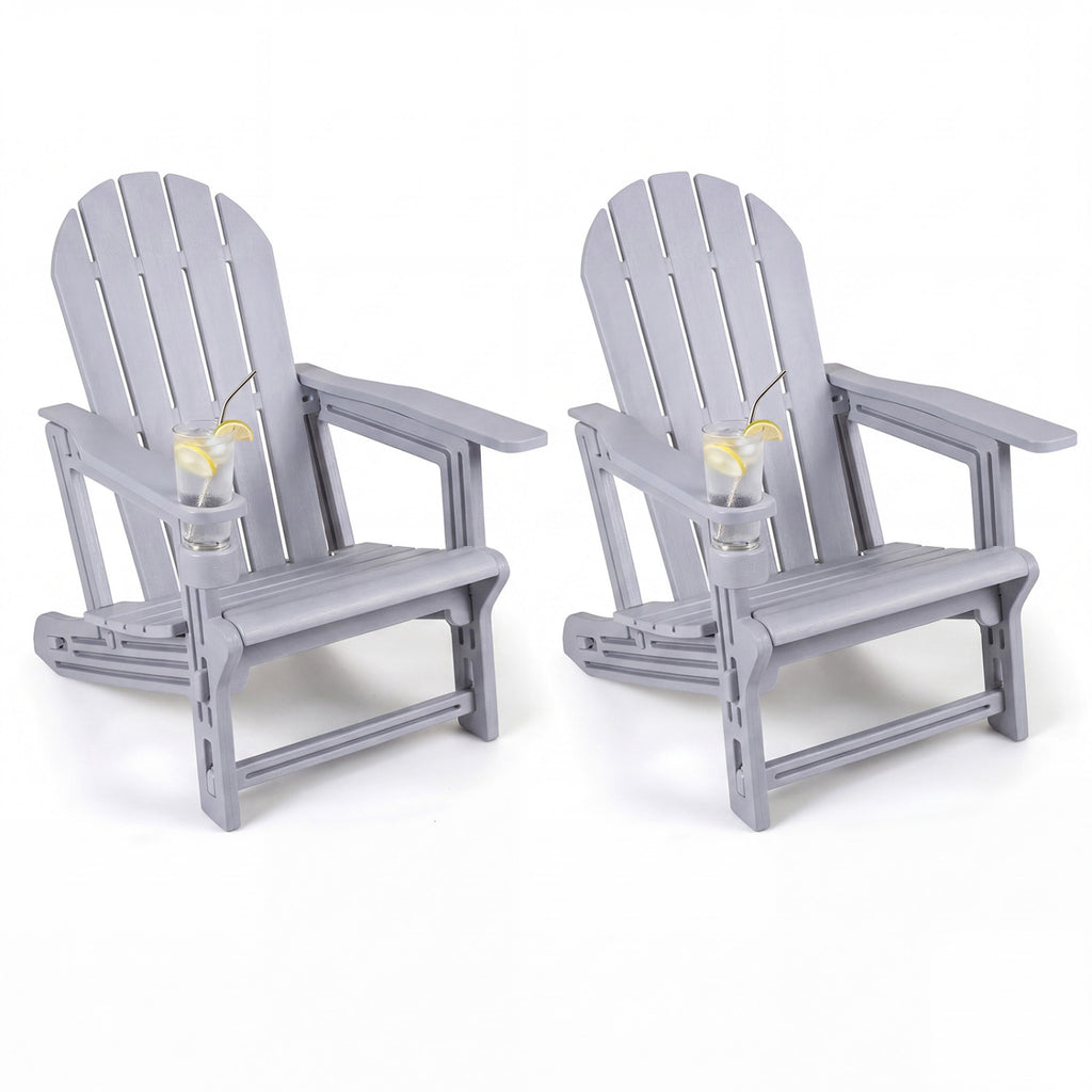 Set of 2 HDPE Adirondack Chair with Cup Holder and Wooden Texture for