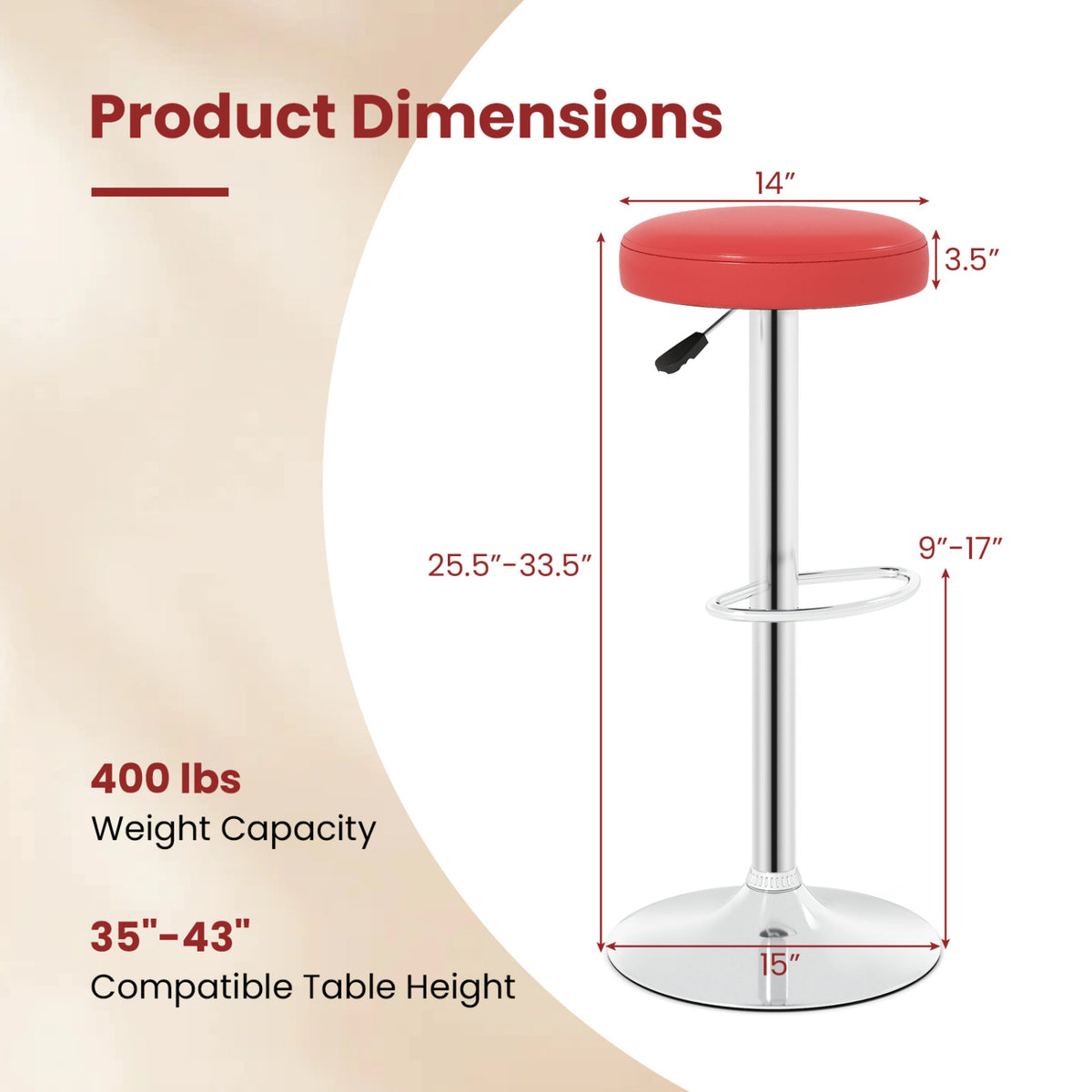 Height-Adjustable Swivel Bar Stool Set of 2 - Red