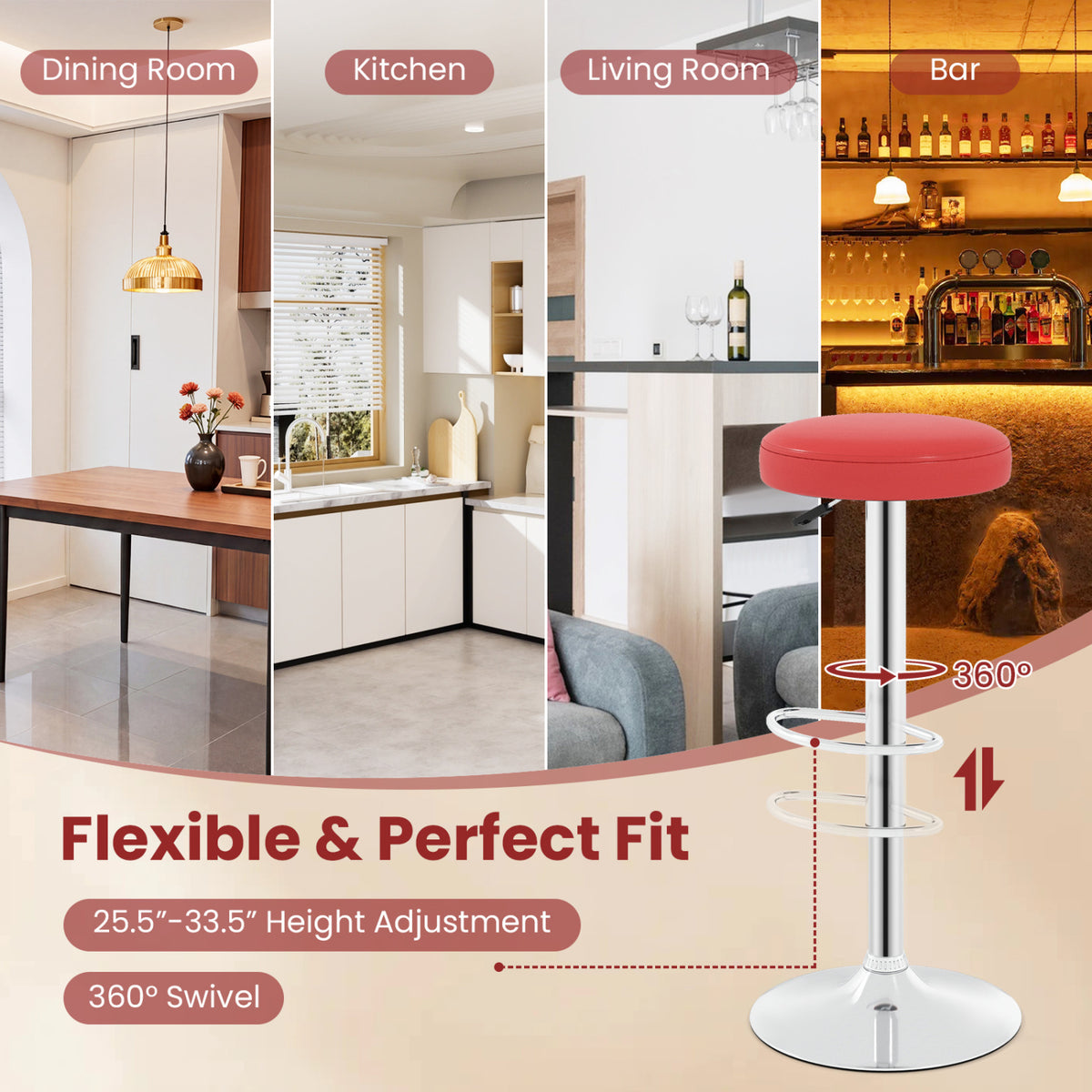 Height-Adjustable Swivel Bar Stool Set of 2 - Red