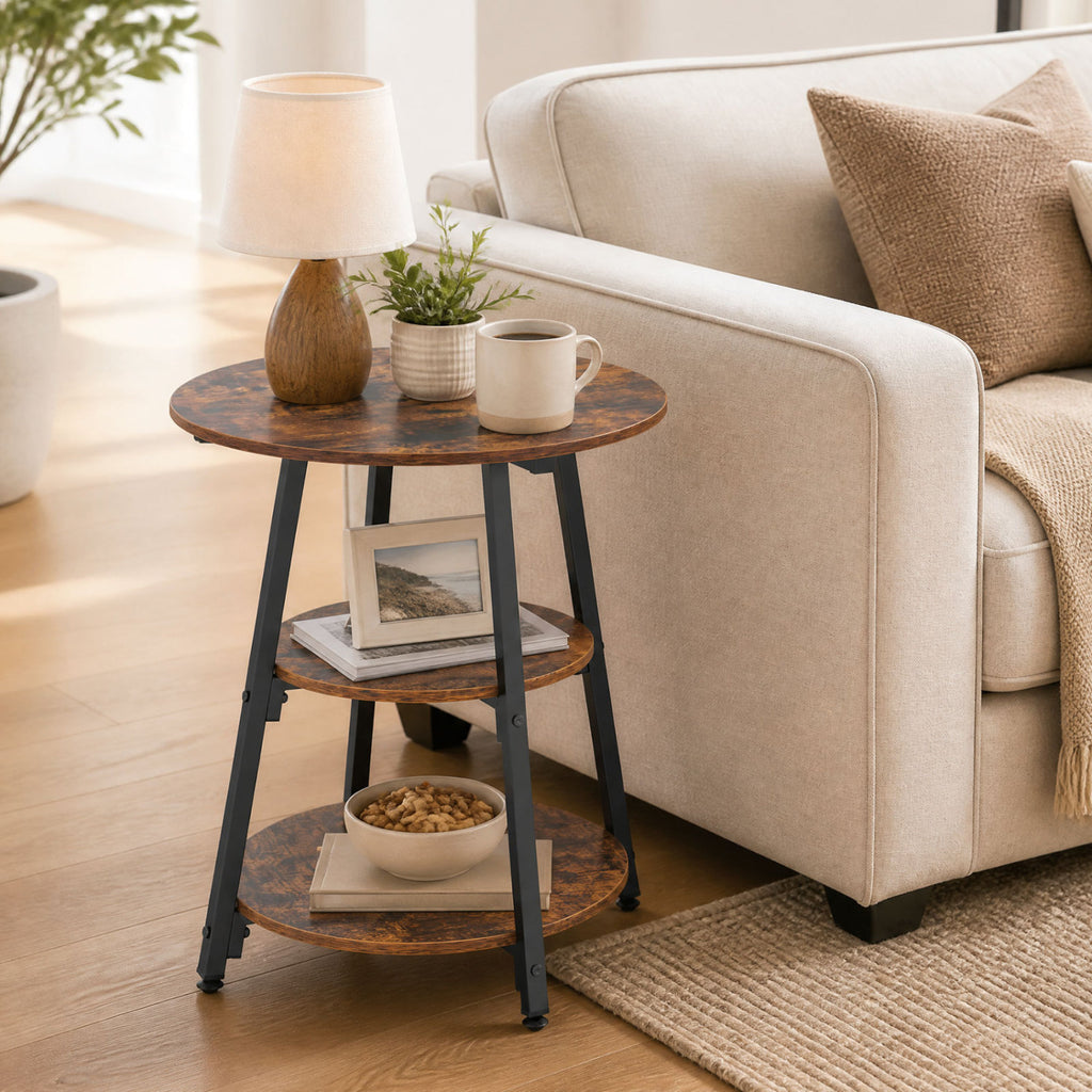 Industrial Side Table with 3-Tier Shelves - Rustic Brown