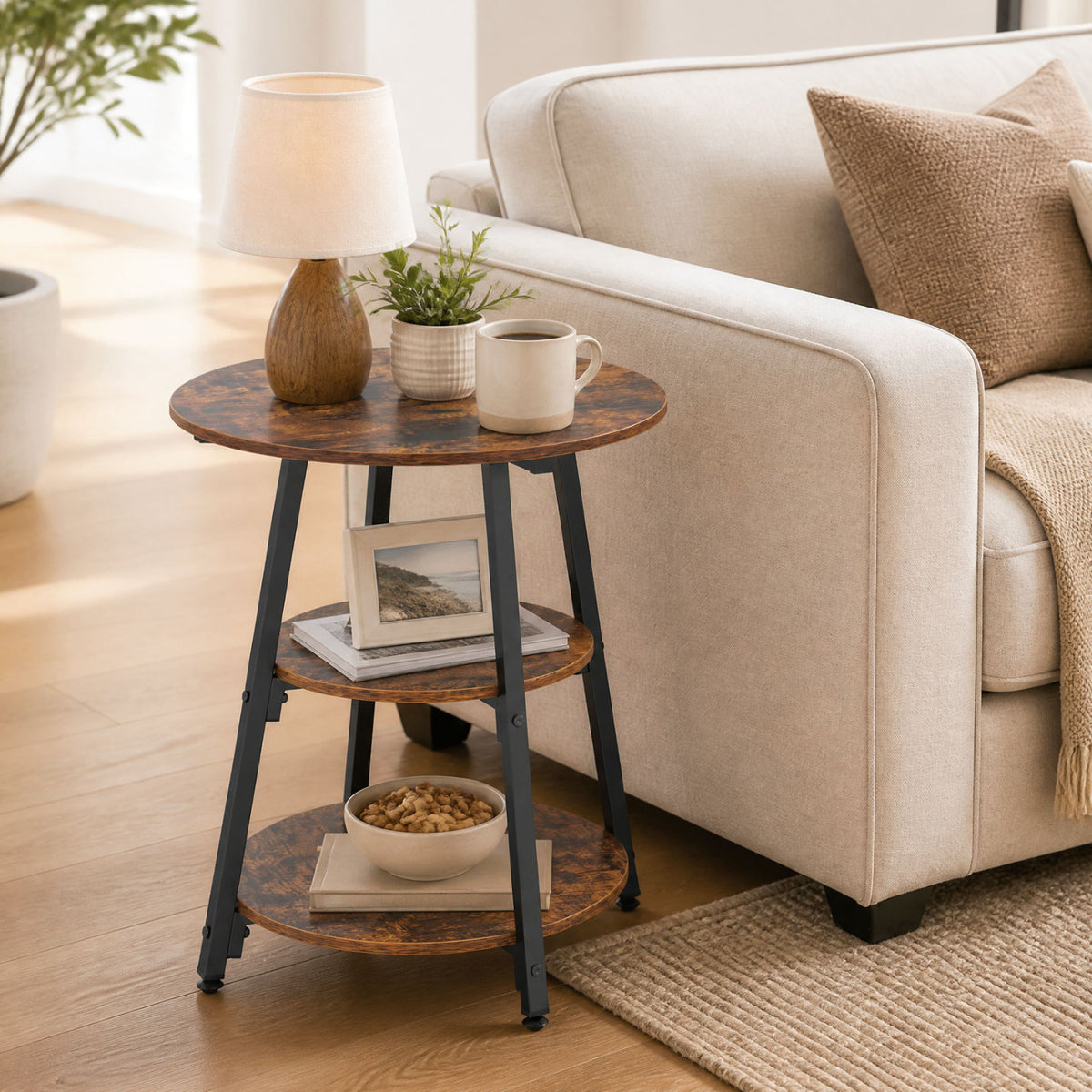 Industrial Side Table with 3-Tier Shelves - Rustic Brown