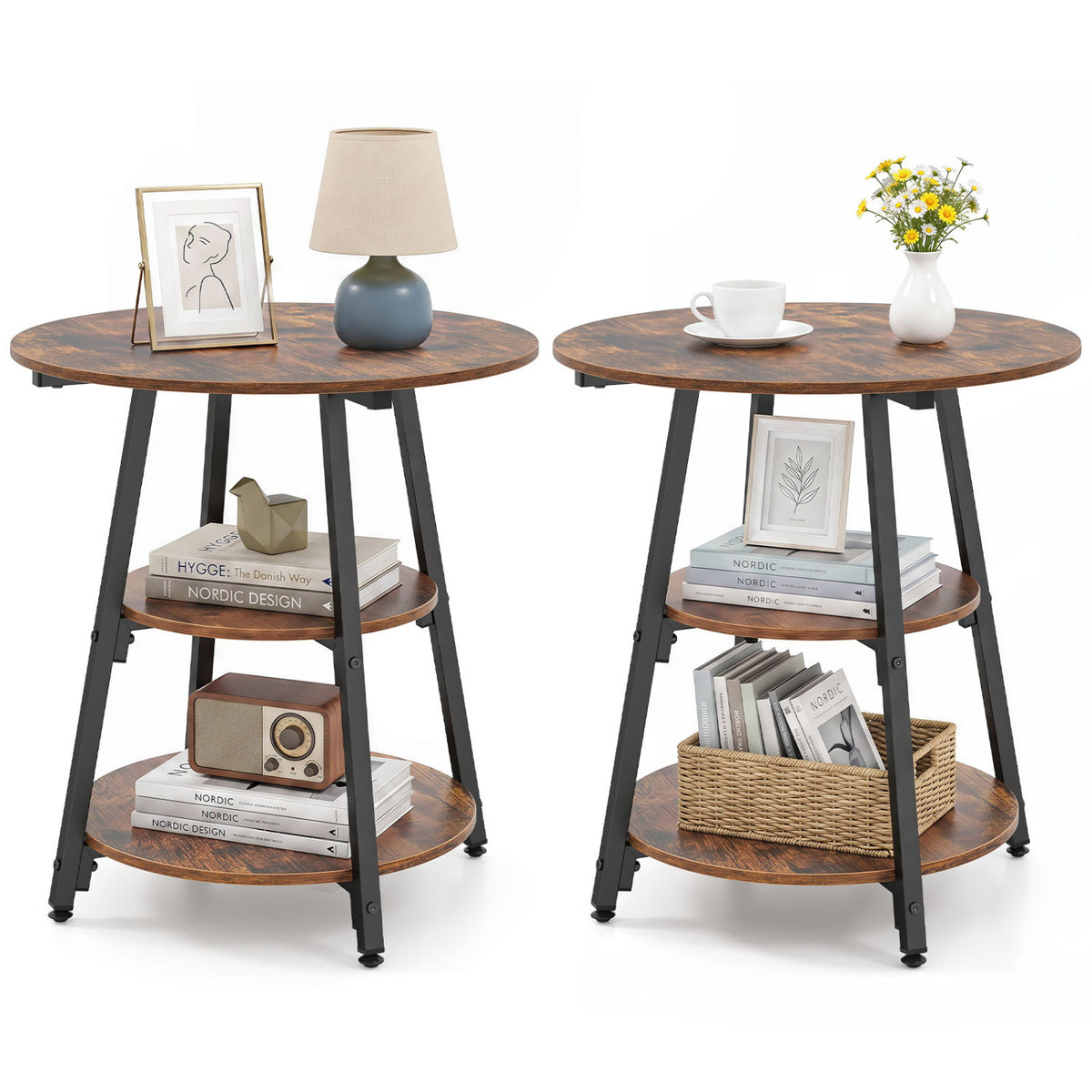 Industrial Side Table with 3-Tier Shelves & Metal Frame - Rustic Brown