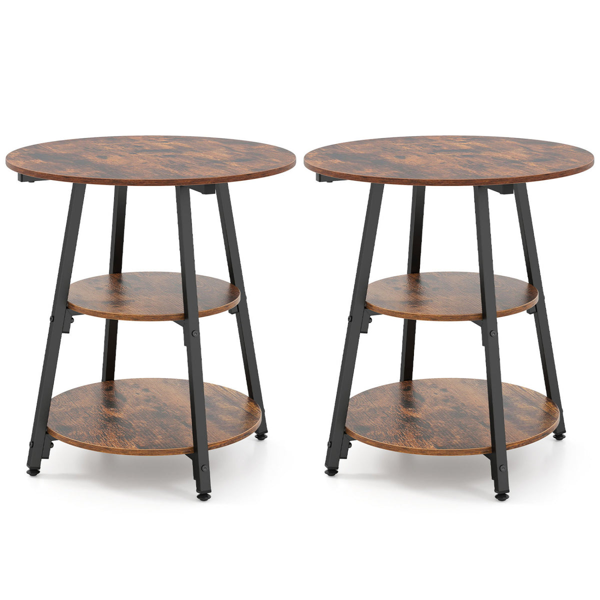 Industrial Side Table with 3-Tier Shelves, Metal Frame - Rustic Brown
