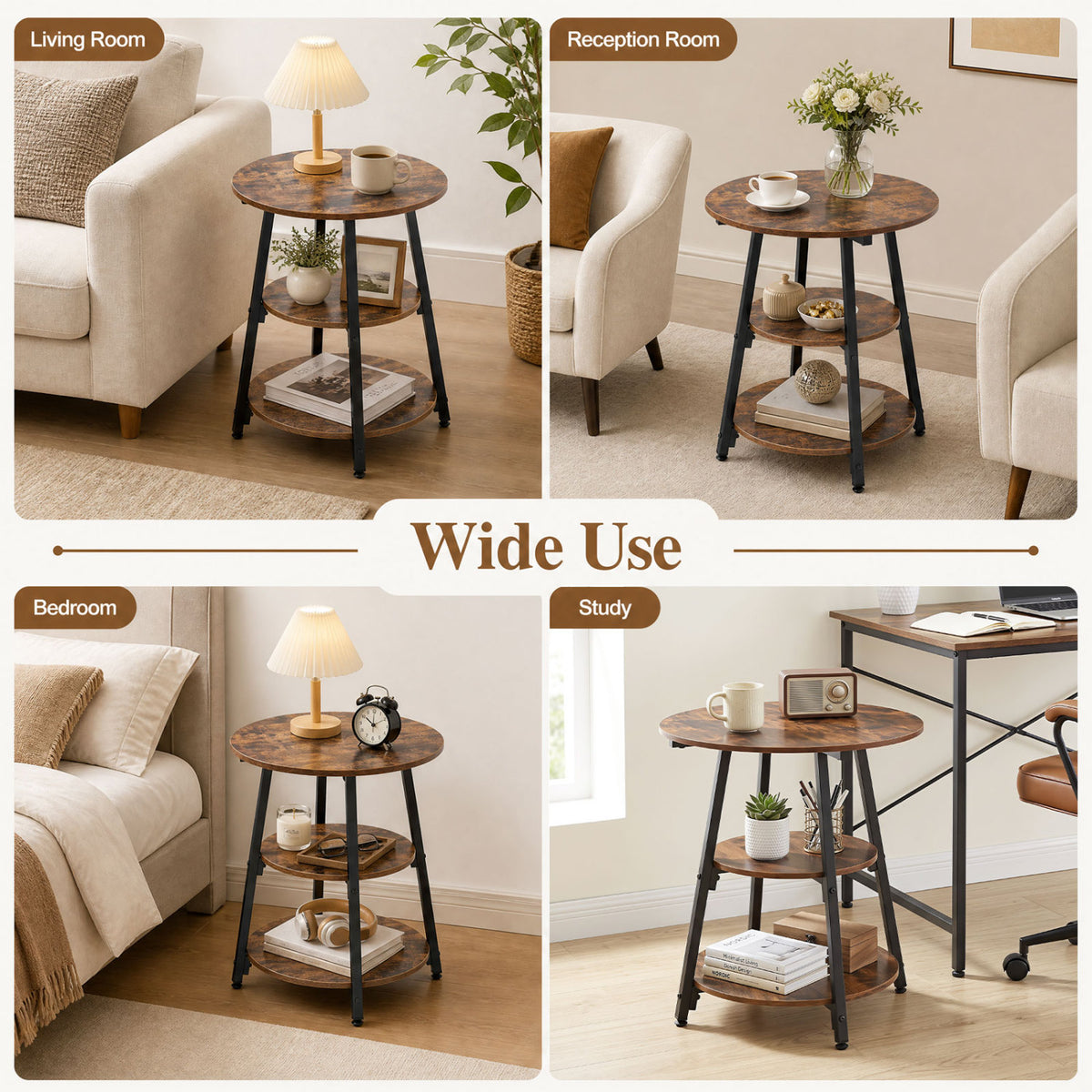 Industrial Side Table with 3-Tier Shelves & Metal Frame - Rustic Brown
