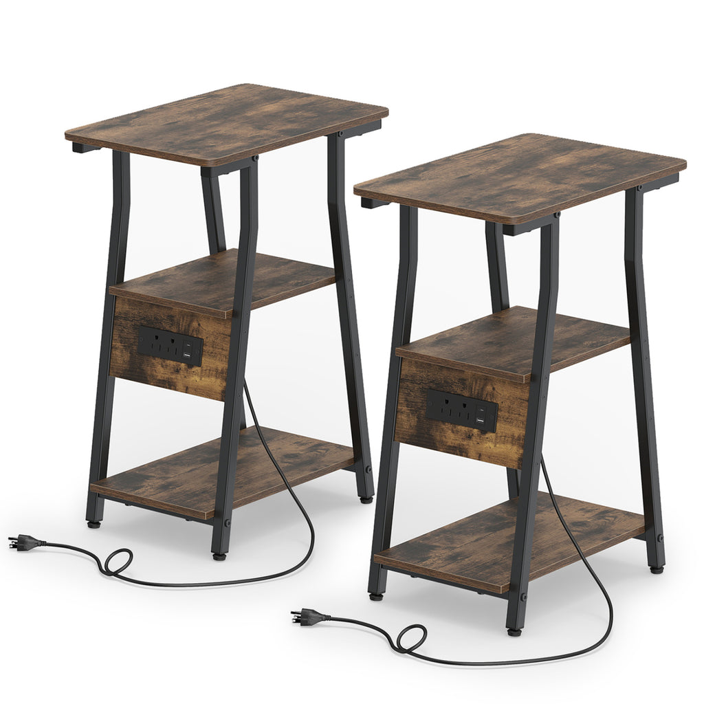 Industrial Side Table with Charging Station & 3-Tier Shelves - Rustic Brown