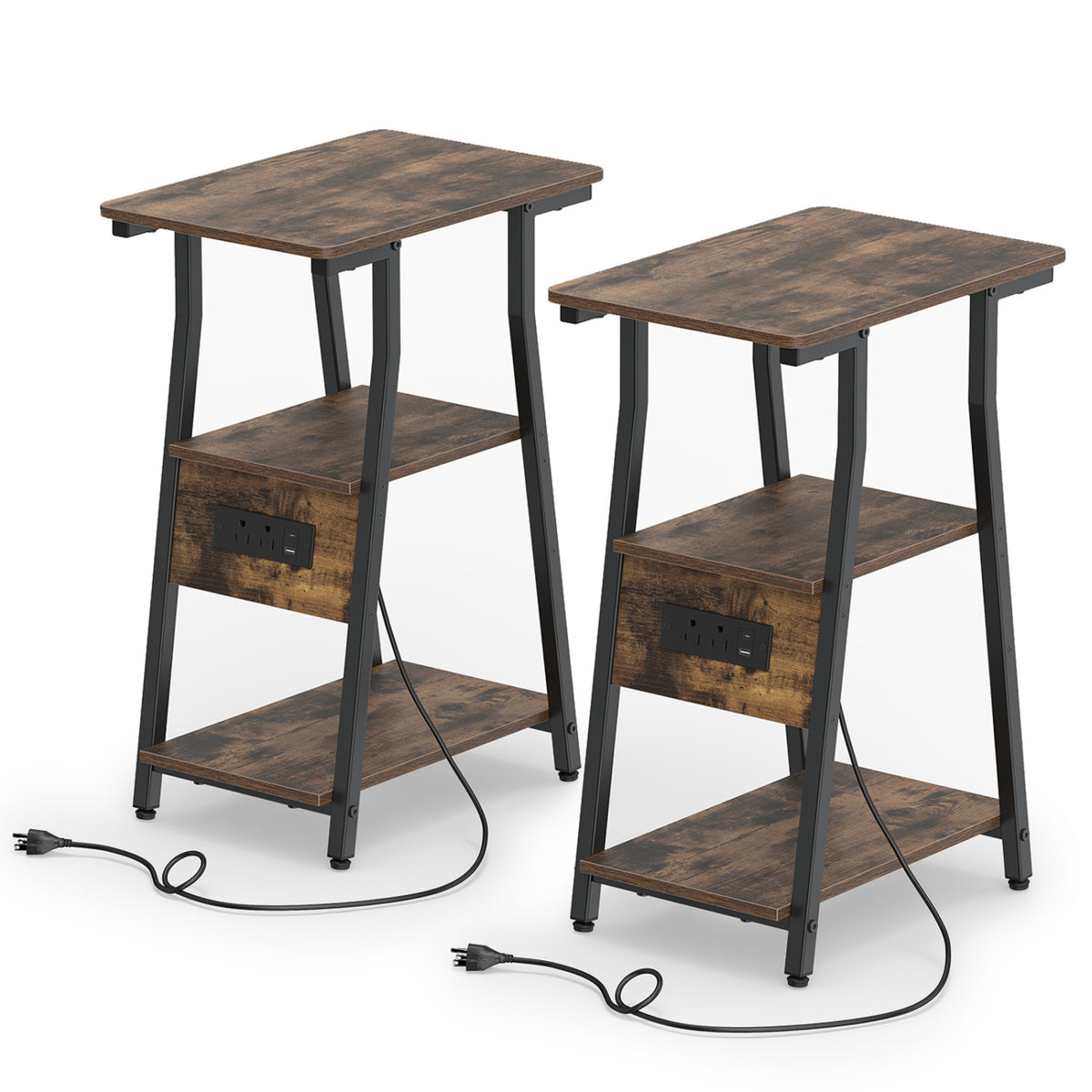 Industrial Side Table with Charging Station & 3-Tier Shelves - Rustic Brown