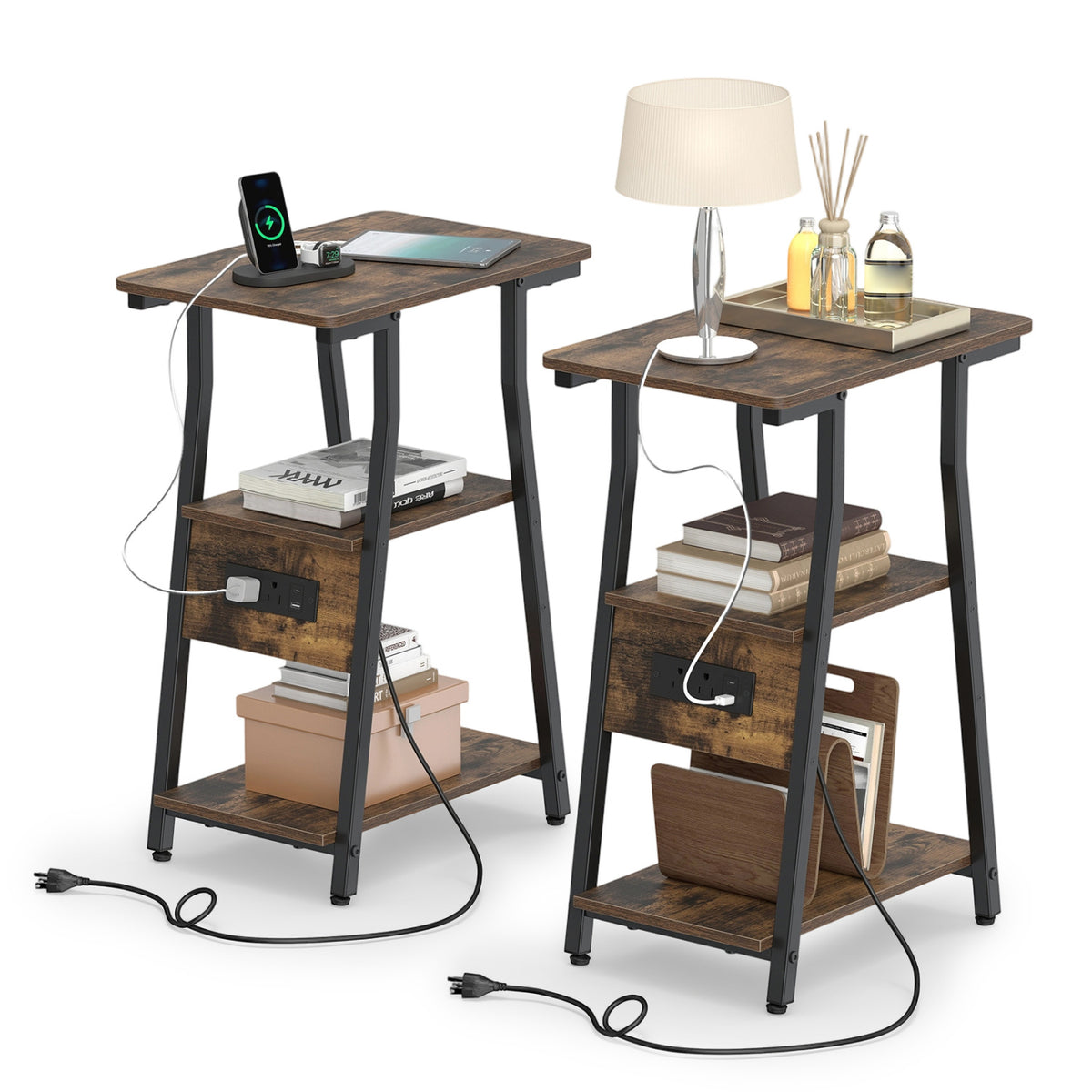 Industrial Side Table with Charging Station & 3-Tier Shelves - Rustic Brown