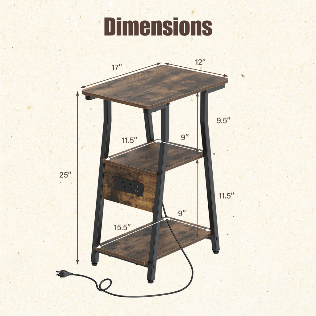 Industrial Side Table with Charging Station & 3-Tier Shelves - Rustic Brown