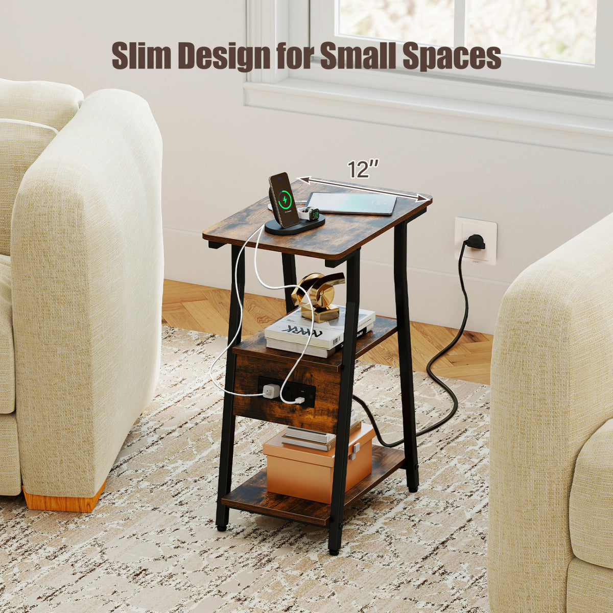 Industrial Side Table with Charging Station & 3-Tier Shelves - Rustic Brown