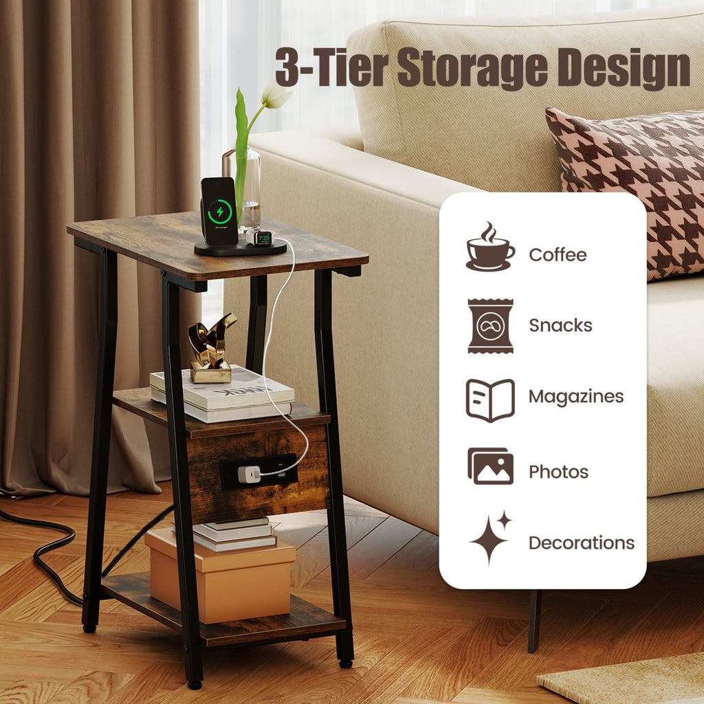 Industrial Side Table with Charging Station & 3-Tier Shelves - Rustic Brown