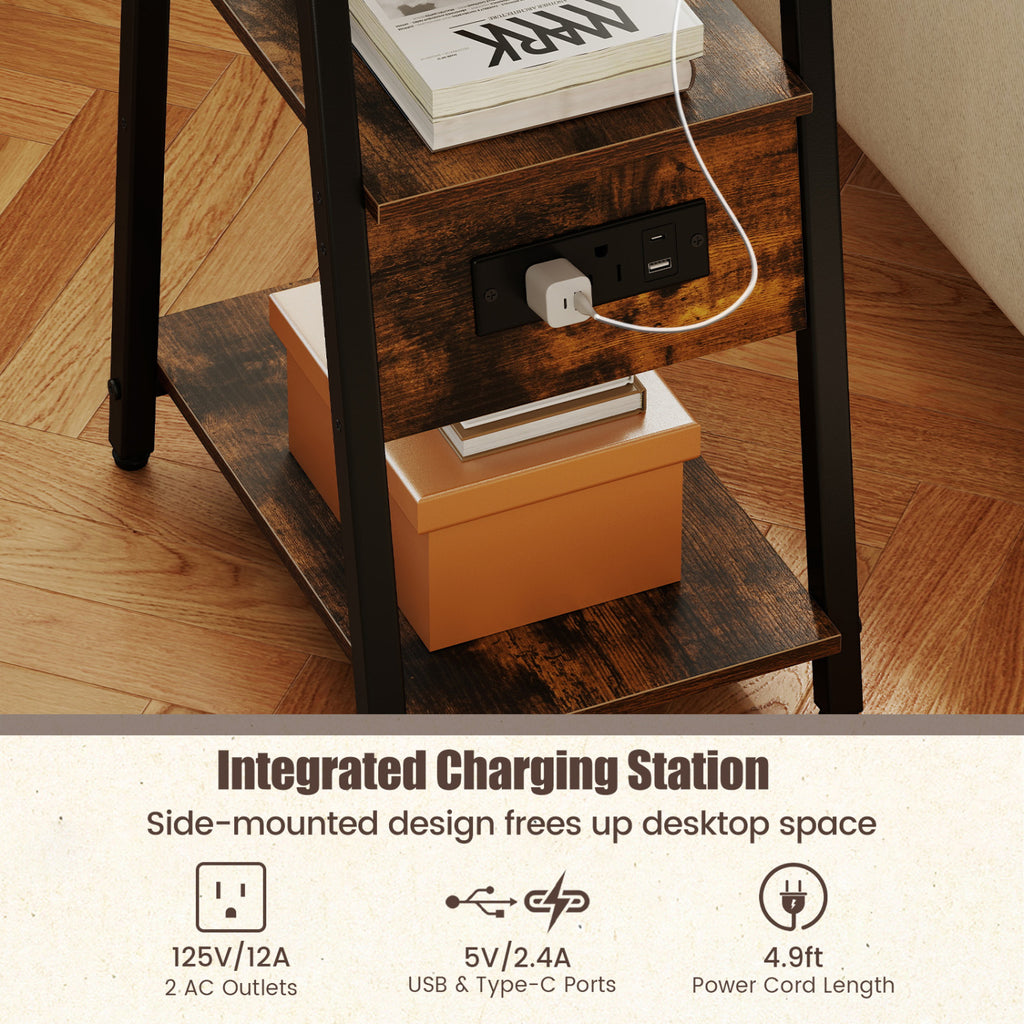 Industrial Side Table with Charging Station & 3-Tier Shelves - Rustic Brown