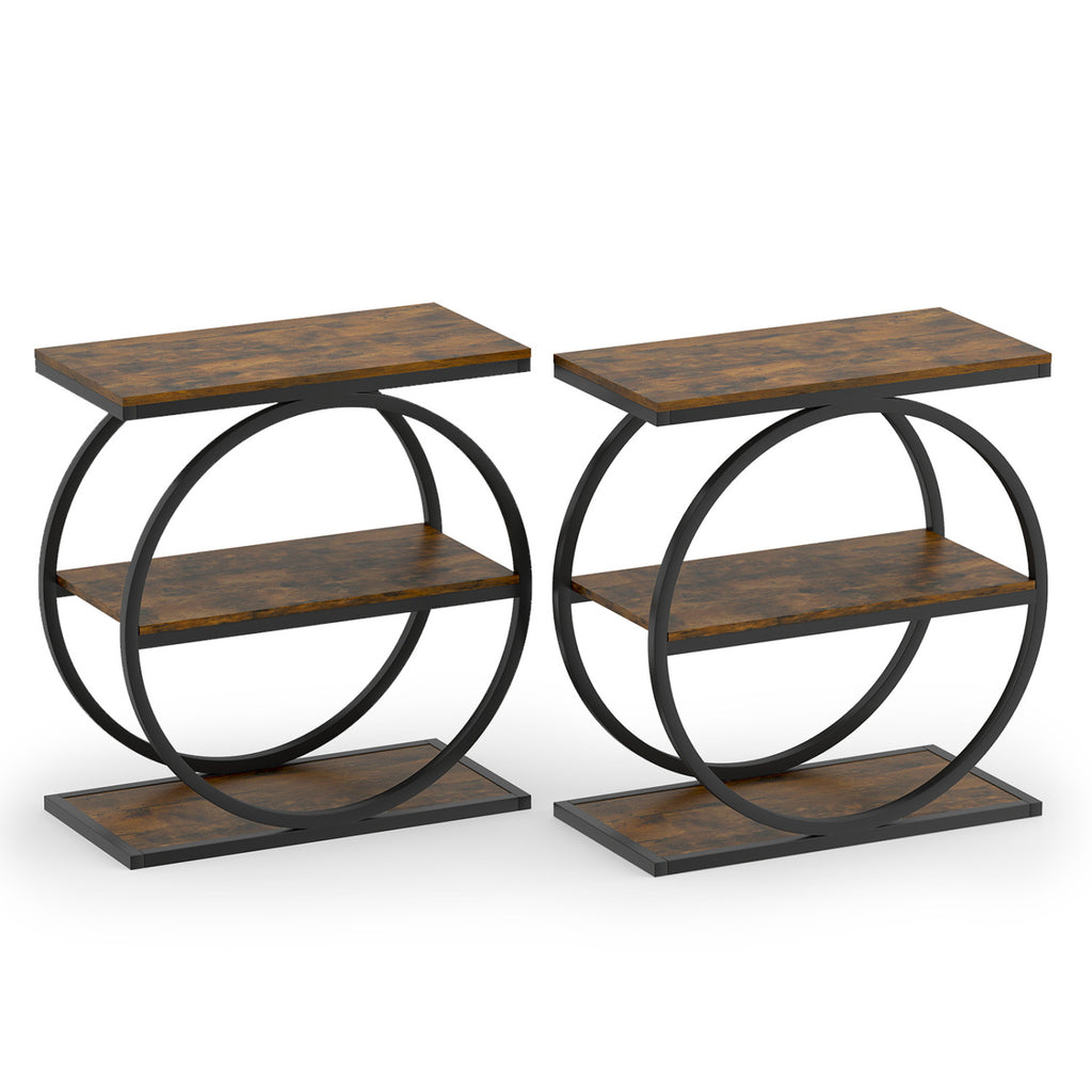 Industrial Faux Marble Side Table with Metal Frame - Rustic Brown