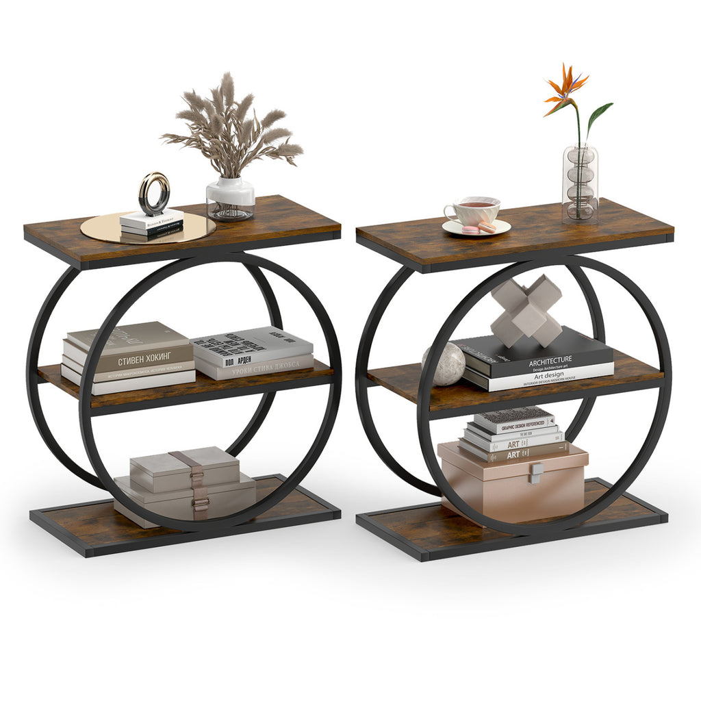 3-Tier Side Table with Faux Marble Top & Metal Frame - Rustic Brown
