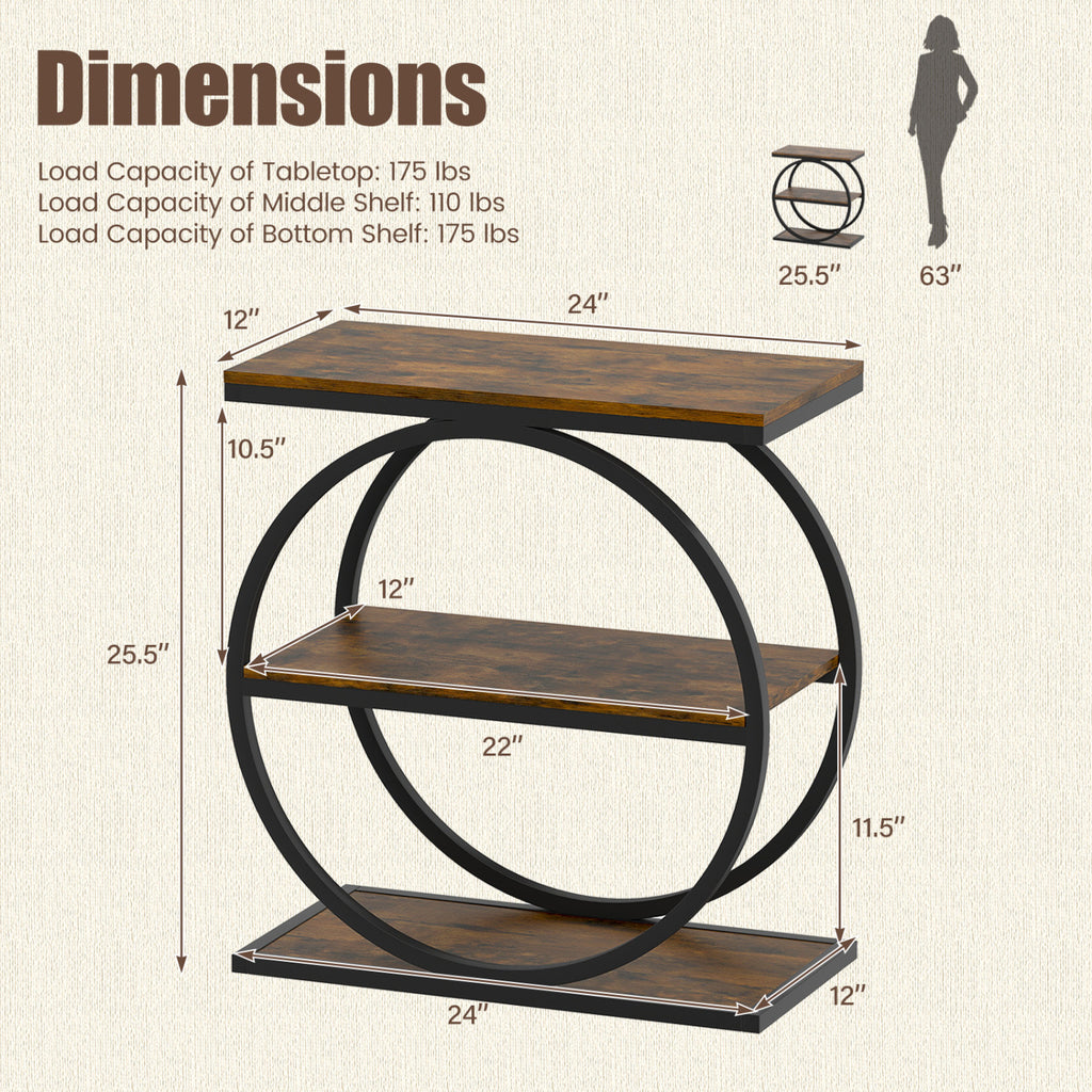 3-Tier Side Table with Faux Marble Top & Metal Frame - Rustic Brown