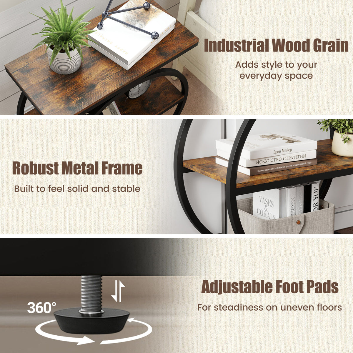 Industrial Faux Marble Side Table with Metal Frame - Rustic Brown