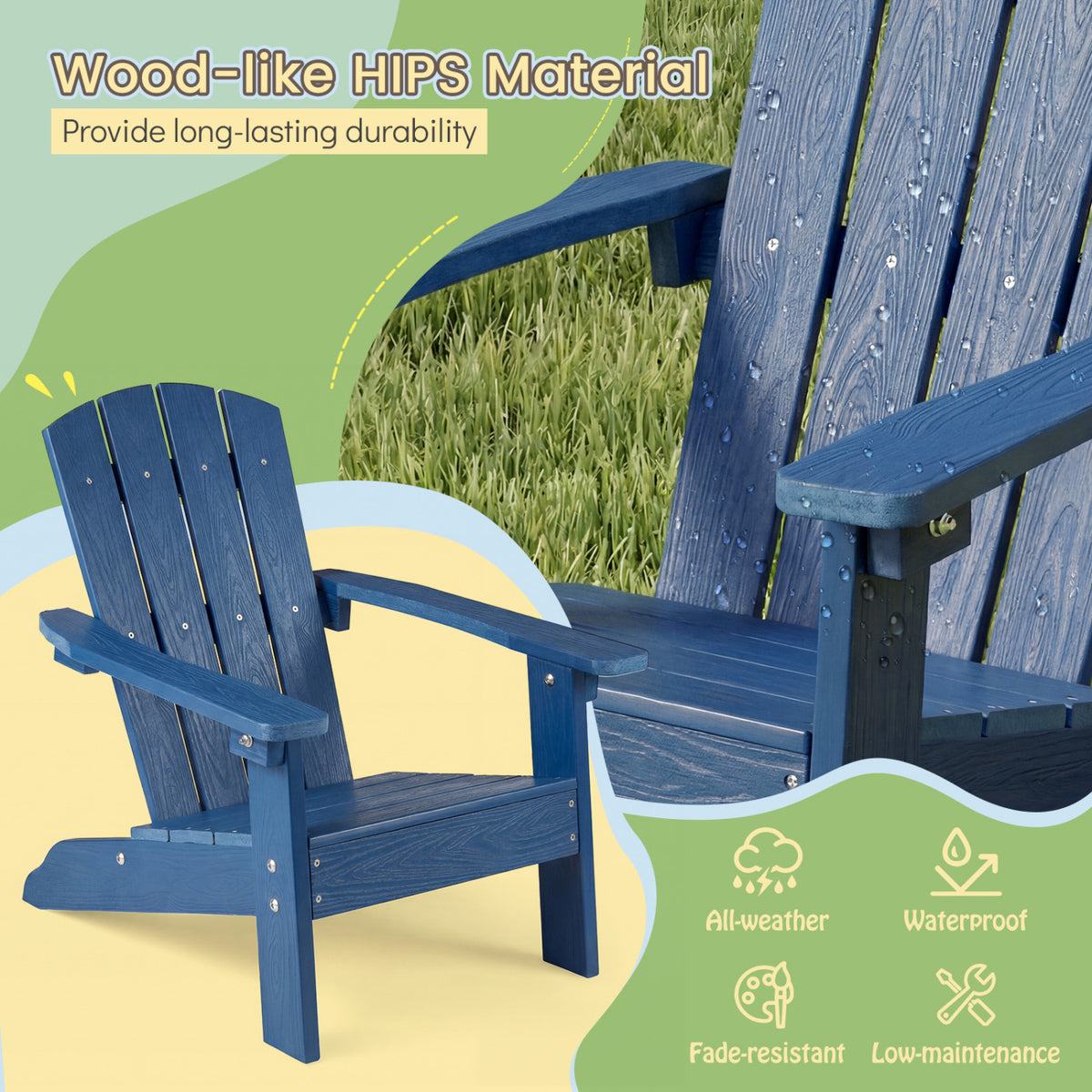 Kids Adirondack Chair Set - Navy with High Backrest & Armrests, 2-Pack