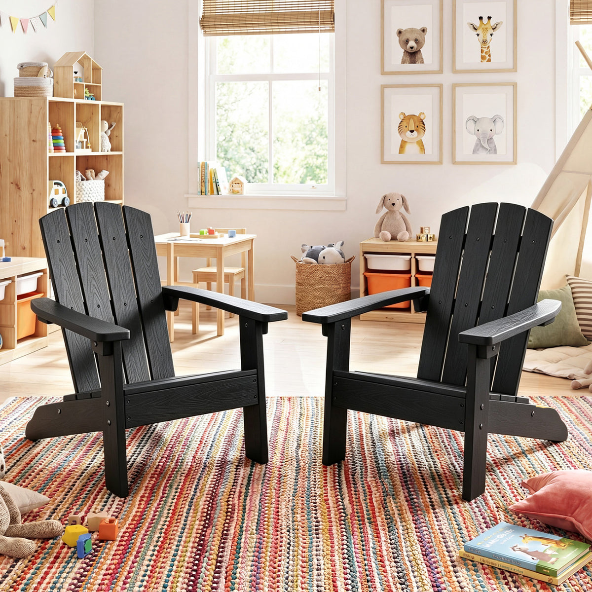 Kids Adirondack Chair Set - Black with High Backrest & Armrests for 3-8 Years