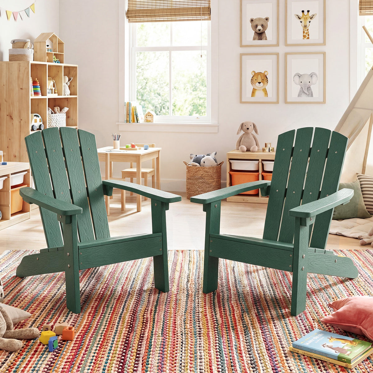Kids Adirondack Chair Set - Green with High Backrest & Armrests for Children 3-8