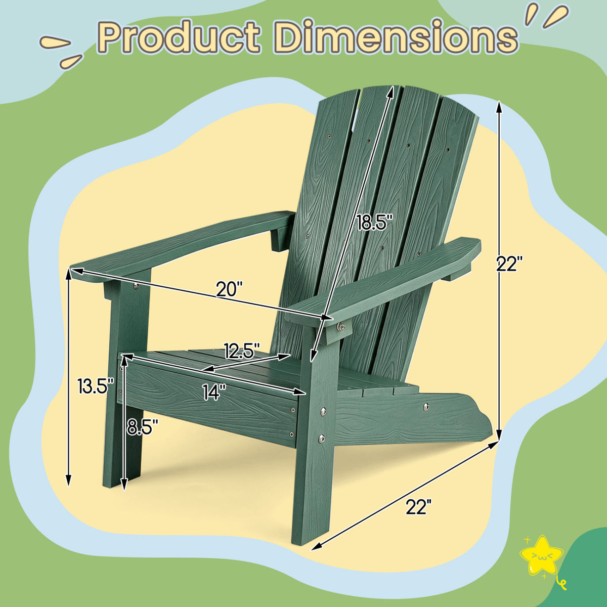 Kids Adirondack Chair Set - Green with High Backrest & Armrests for Children 3-8