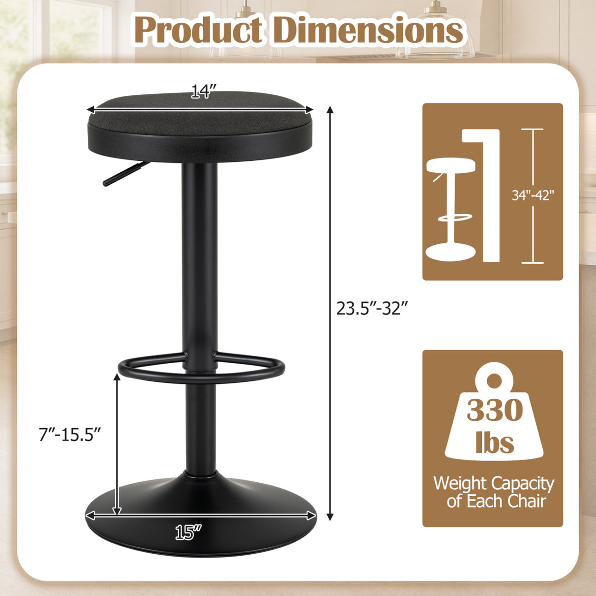 Kitchen Bar Stools Set of 2, Black - Adjustable Height