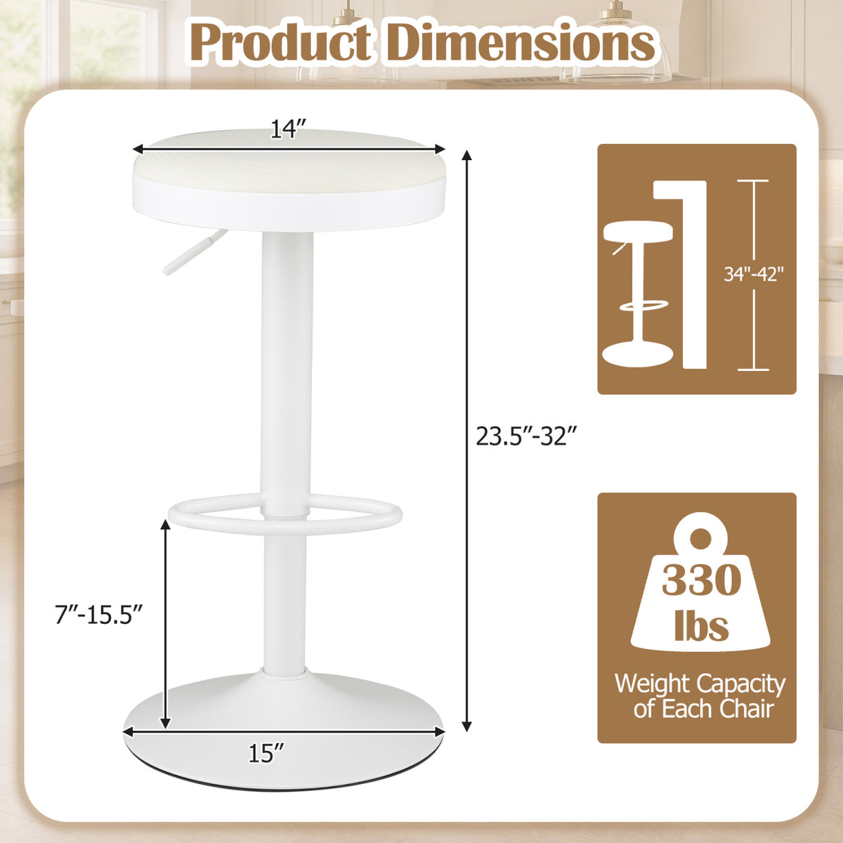 Kitchen Bar Stools Set of 2 Adjustable Height White