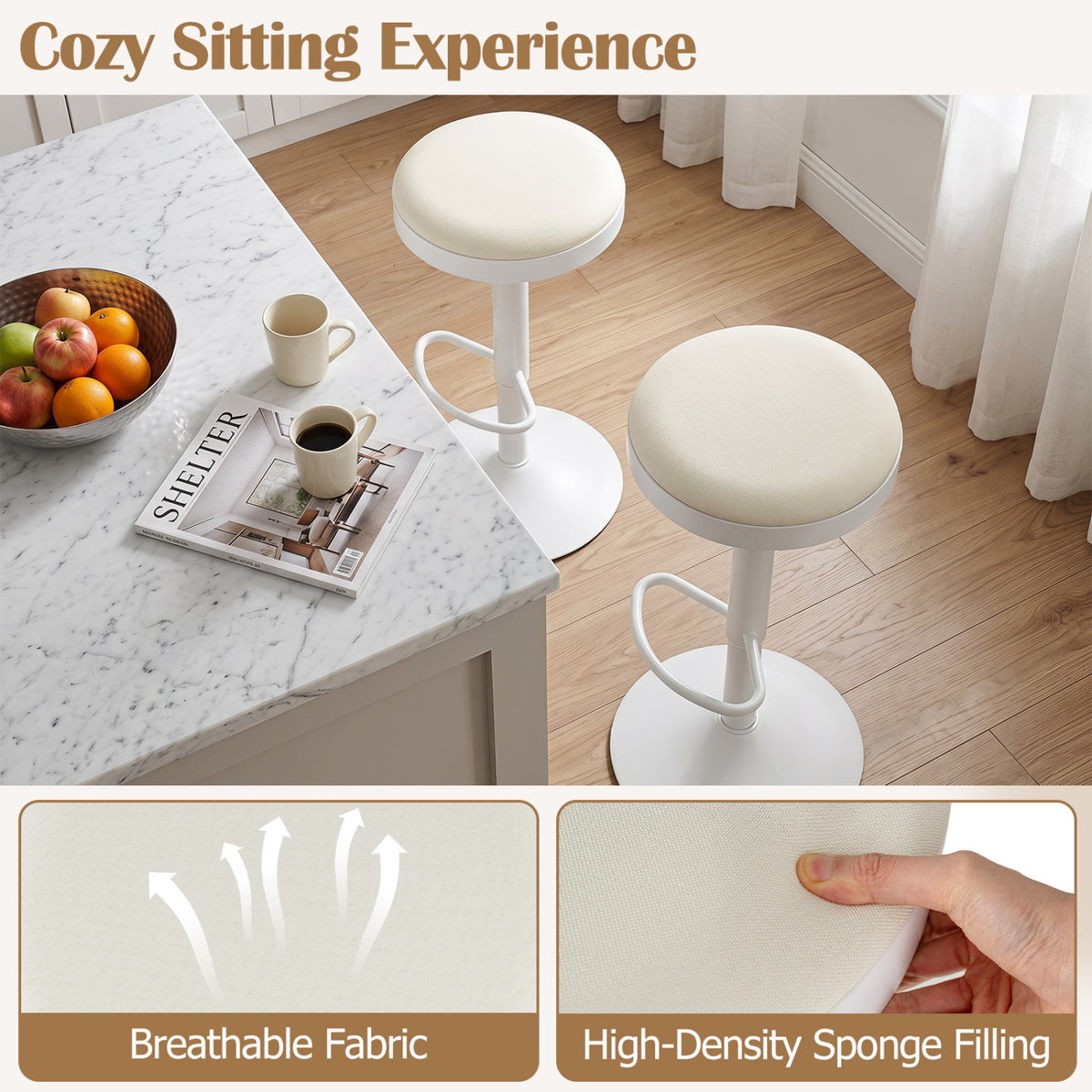 Kitchen Bar Stools Set of 2 Adjustable Height White