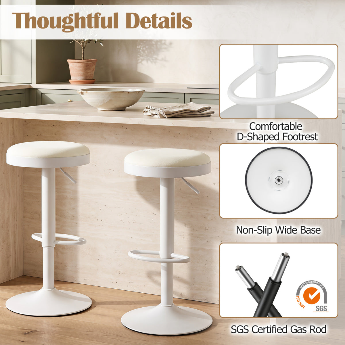Kitchen Bar Stools Set of 2 Adjustable Height White