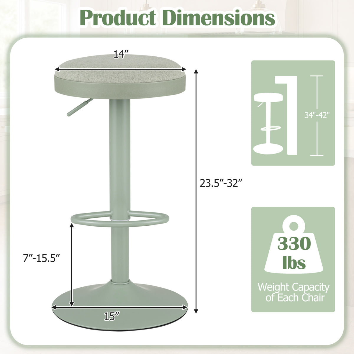 Kitchen Bar Stools Set of 2, Green - Height Adjustable
