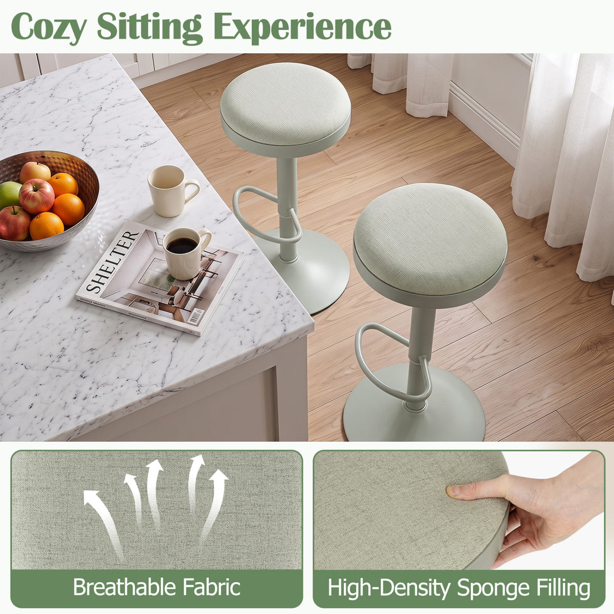 Kitchen Bar Stools Set of 2, Green - Height Adjustable