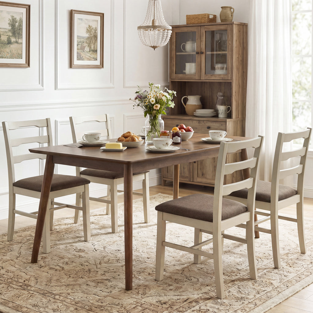 Set of 4 Linen Dining Chairs with Wood Frames - Ivory