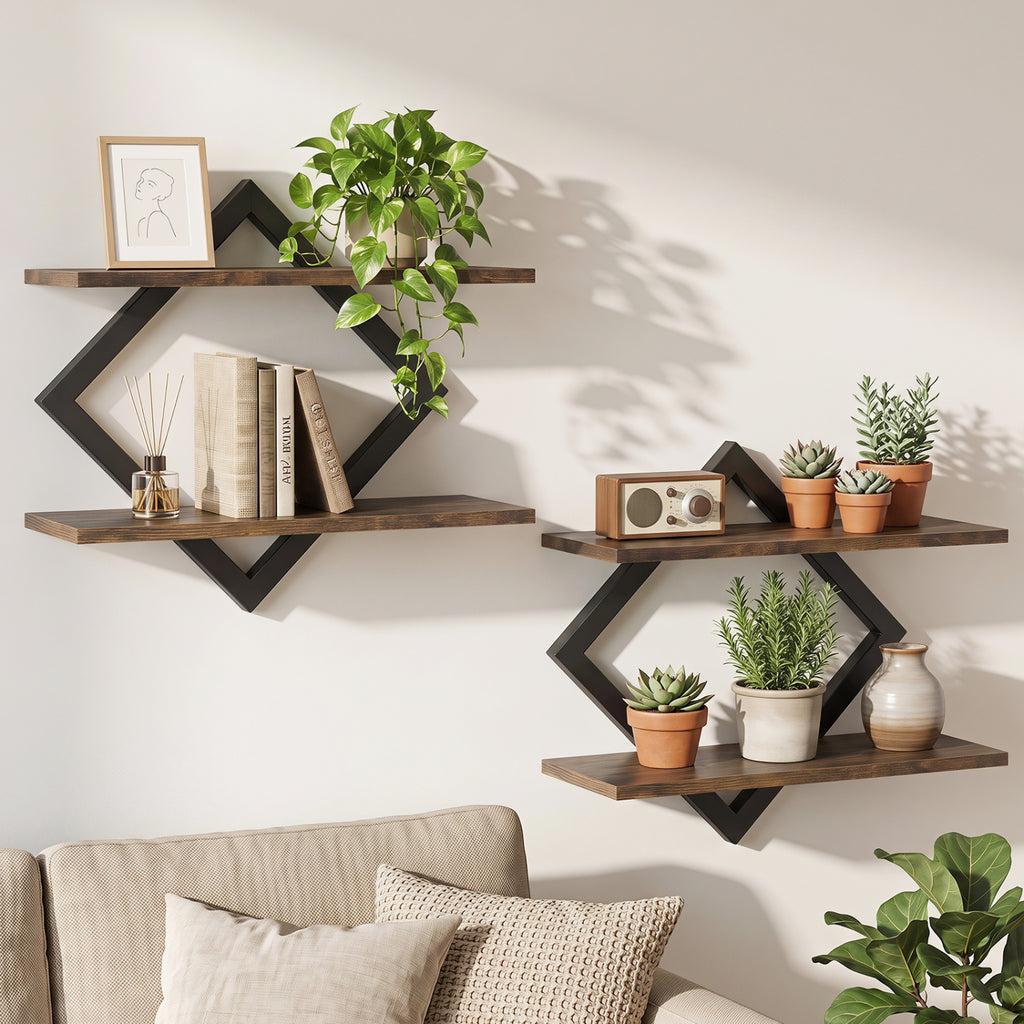 Metal Floating Shelves with Geometric Frame - Rustic Brown