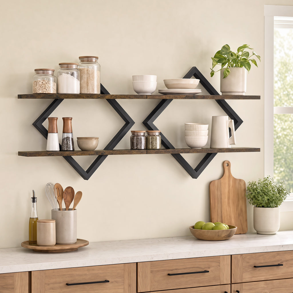 Metal Floating Shelves with Geometric Frame - Rustic Brown