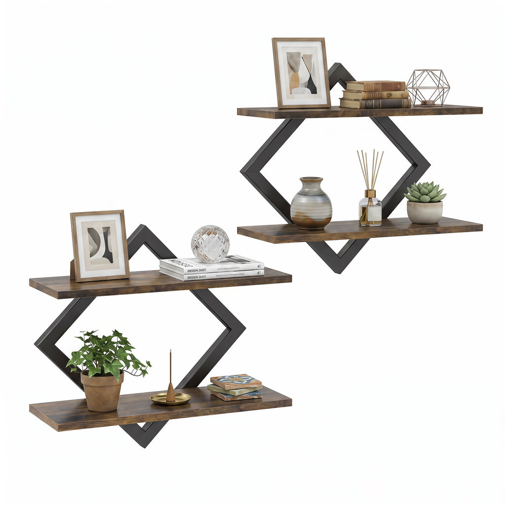 Metal Floating Shelves with Geometric Frame - Rustic Brown