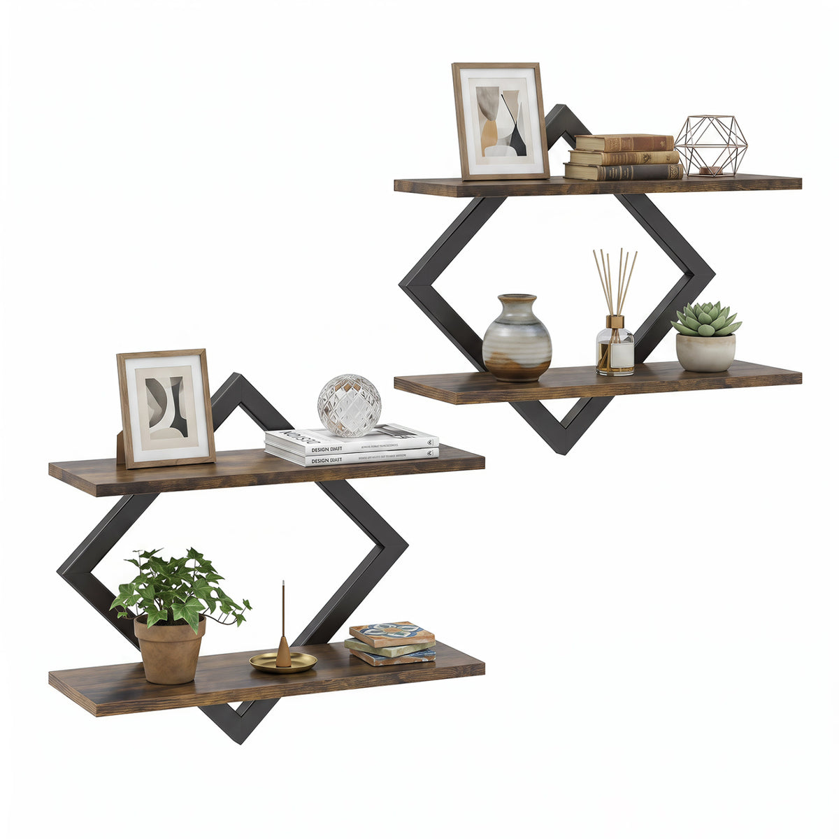 Metal Floating Shelves with Geometric Frame - Rustic Brown