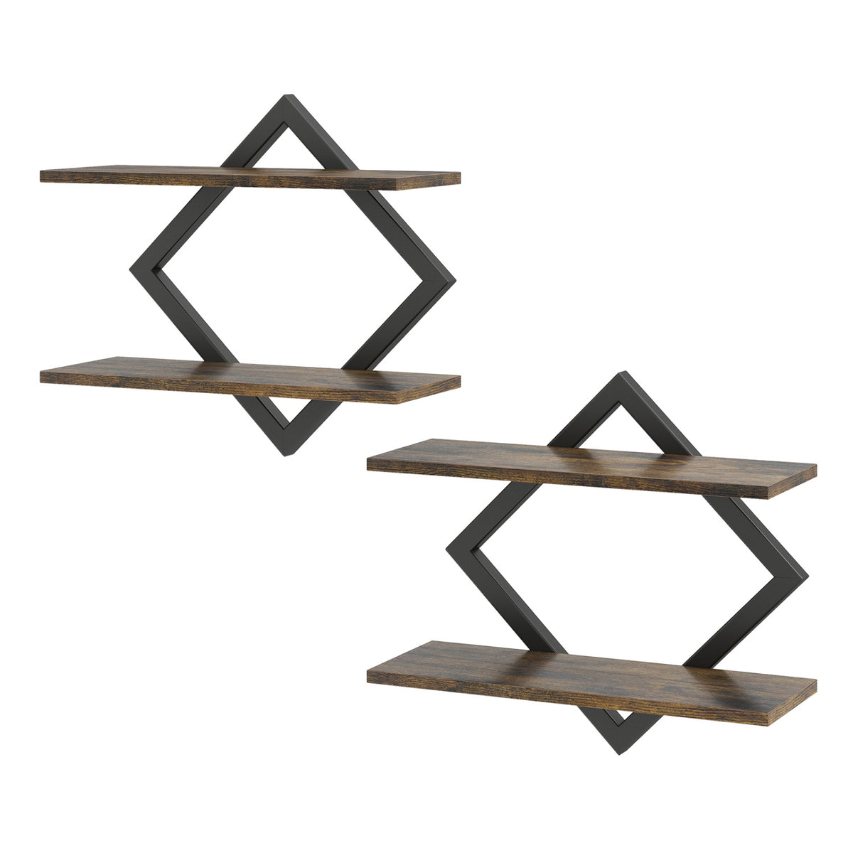Metal Floating Shelves with Geometric Frame - Rustic Brown