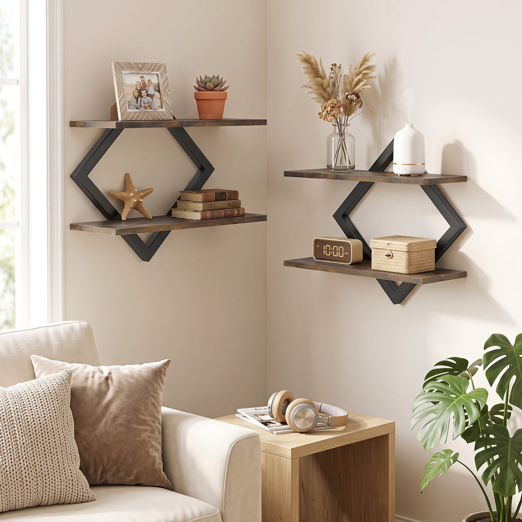 Metal Floating Shelves with Geometric Frame - Rustic Brown