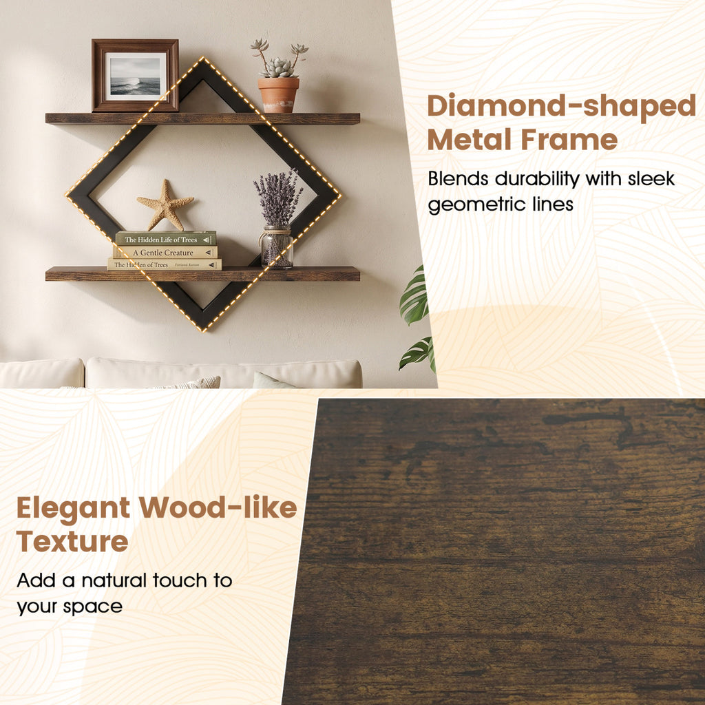 Metal Floating Shelves with Geometric Frame - Rustic Brown