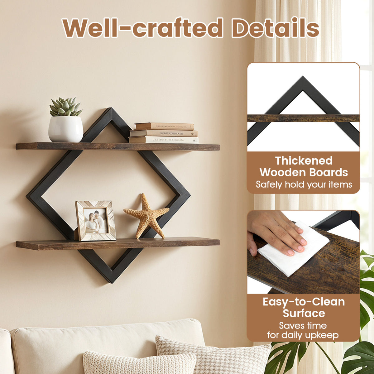 Metal Floating Shelves with Geometric Frame - Rustic Brown