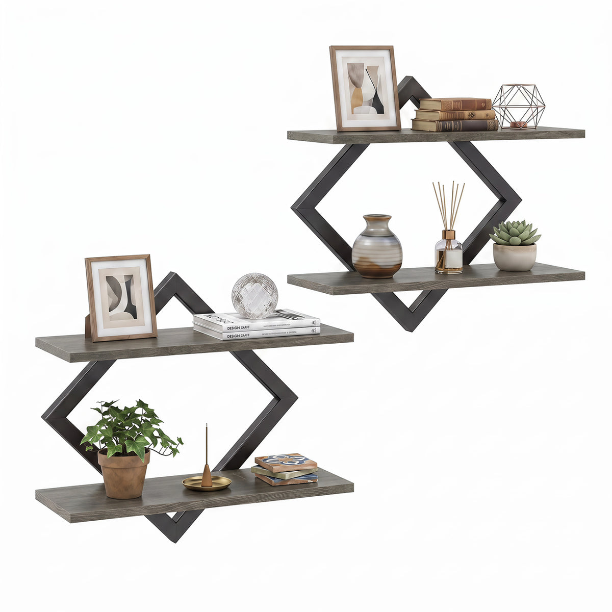 Metal Floating Shelves with Geometric Frame - Rustic Brown