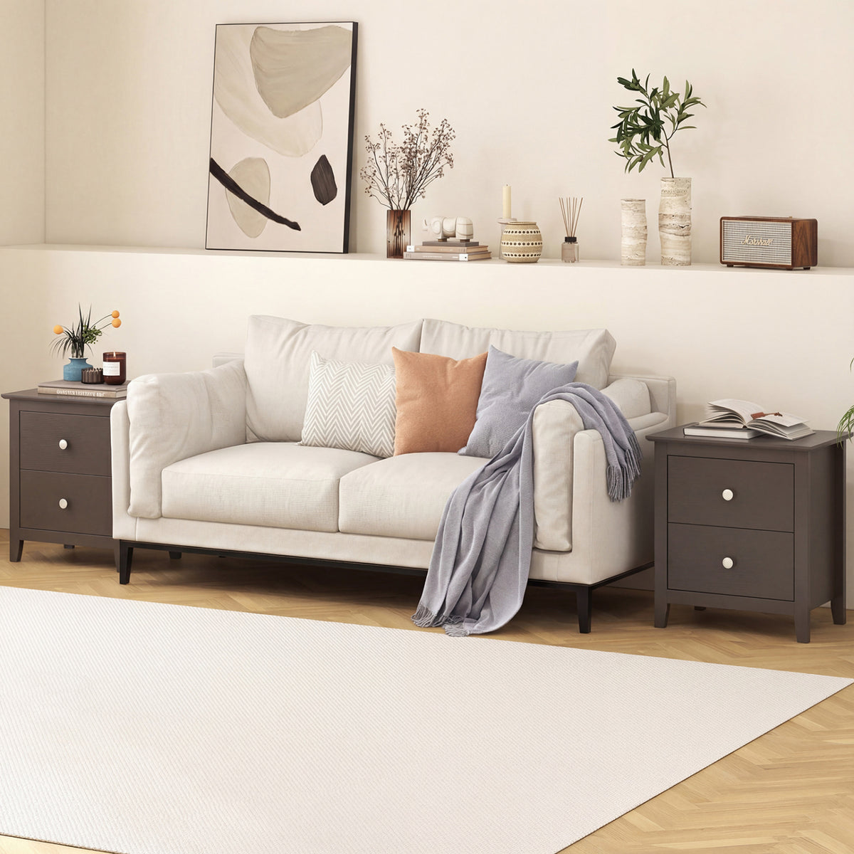 Modern Nightstand with 2 Drawers, Rustic Brown - Set of 2