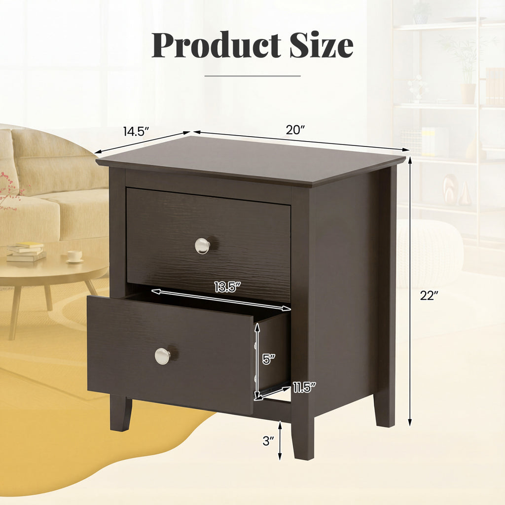 Modern Nightstand with 2 Drawers, Rustic Brown - Set of 2
