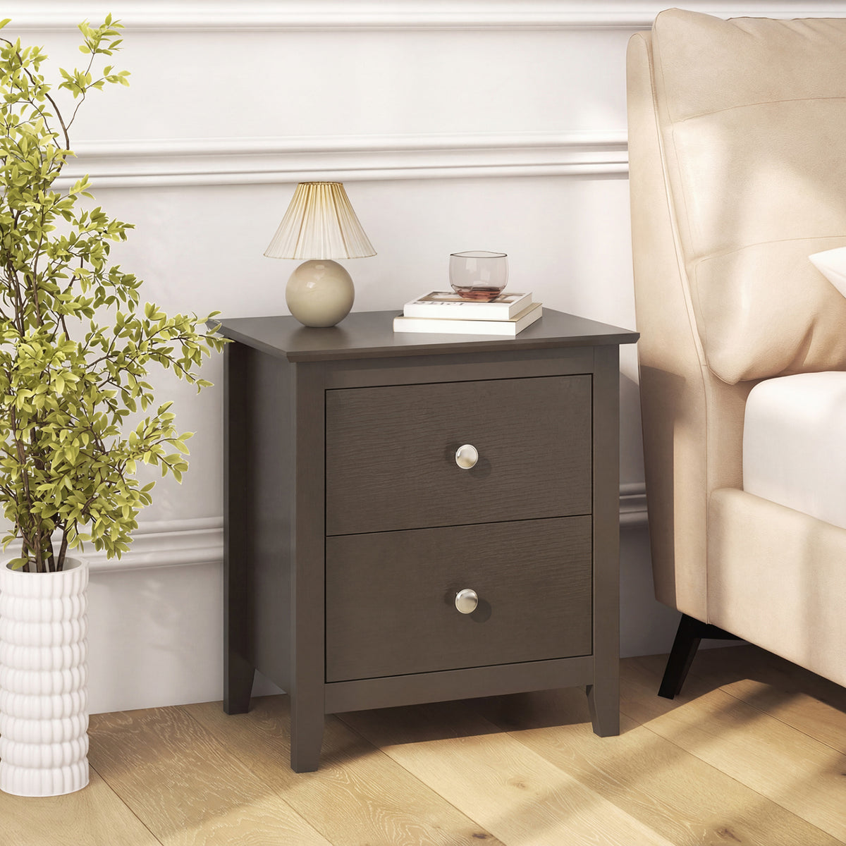 Modern Nightstand with 2 Drawers, Rustic Brown - Set of 2