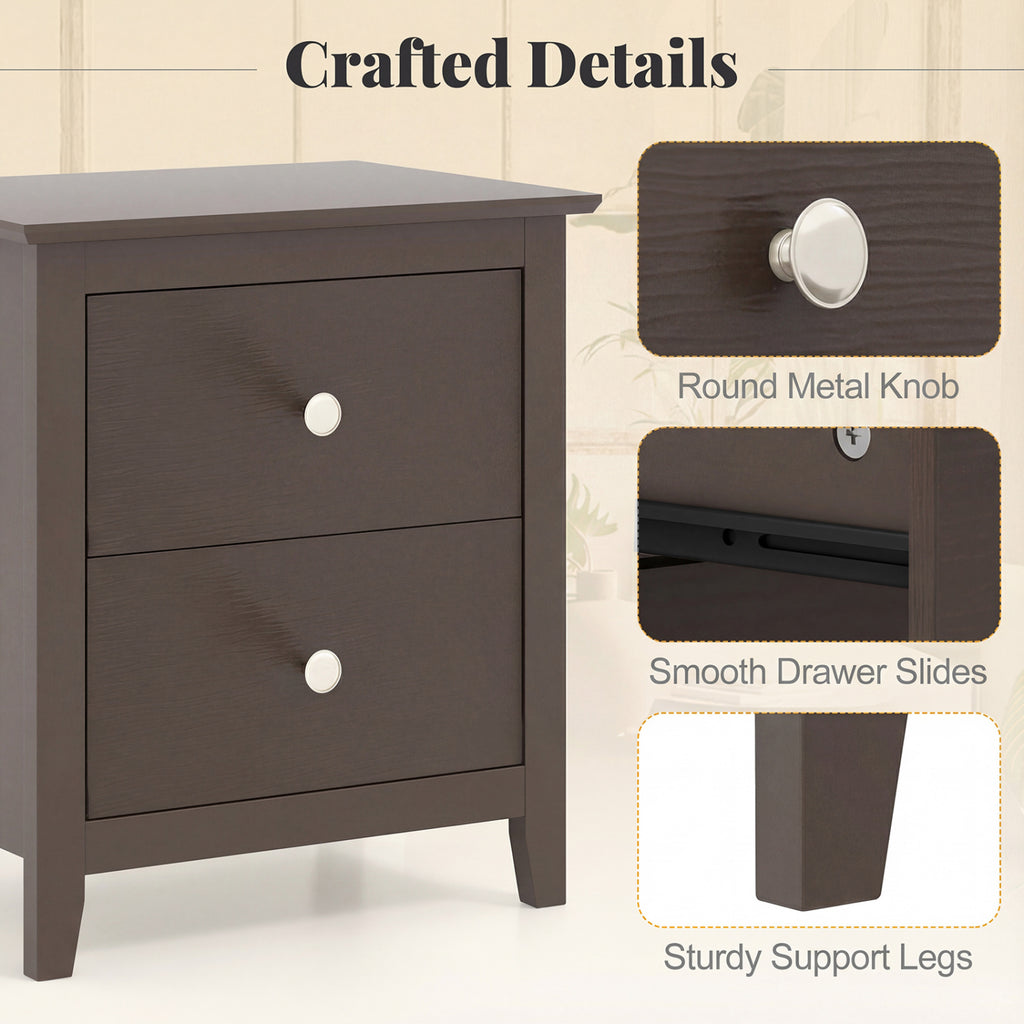 Modern Nightstand with 2 Drawers, Rustic Brown - Set of 2