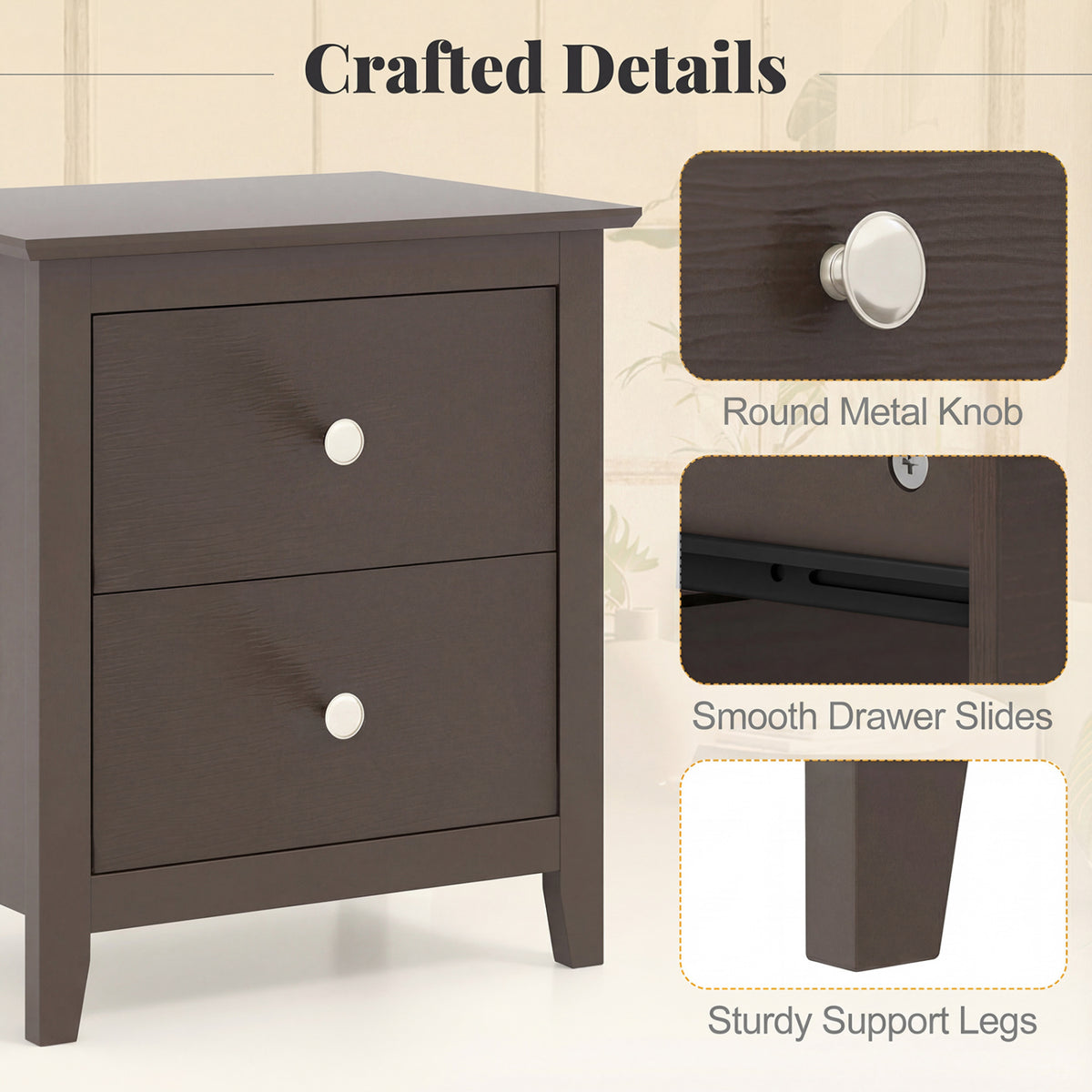 Modern Nightstand with 2 Drawers, Rustic Brown - Set of 2