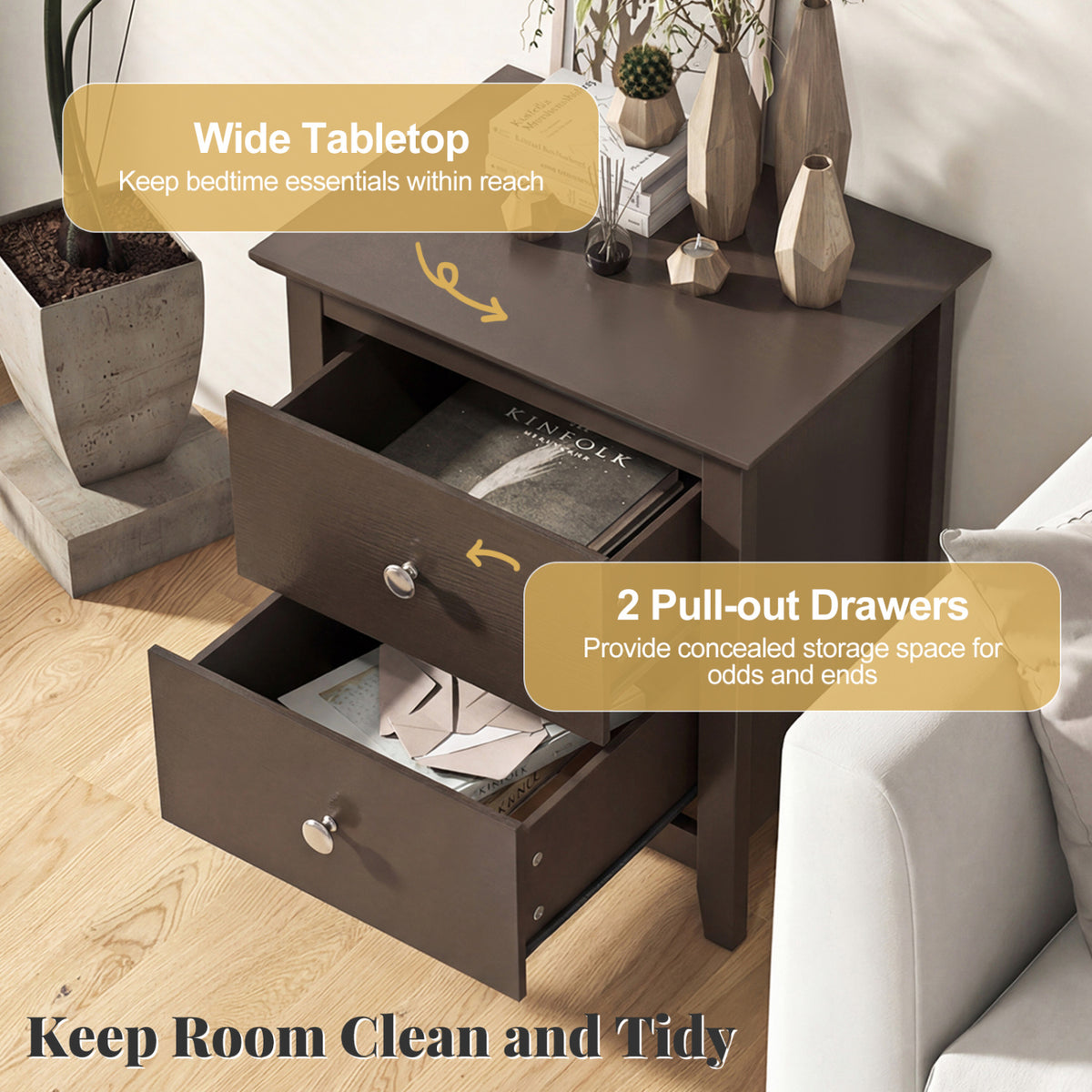 Modern Nightstand with 2 Drawers, Rustic Brown - Set of 2
