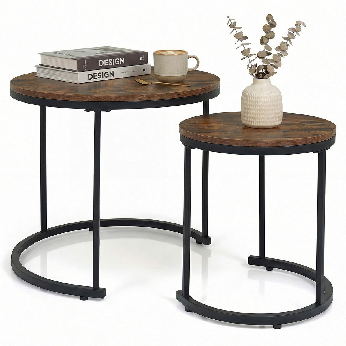 Modern Round Nesting Coffee Tables Set of 2 - Rustic Brown